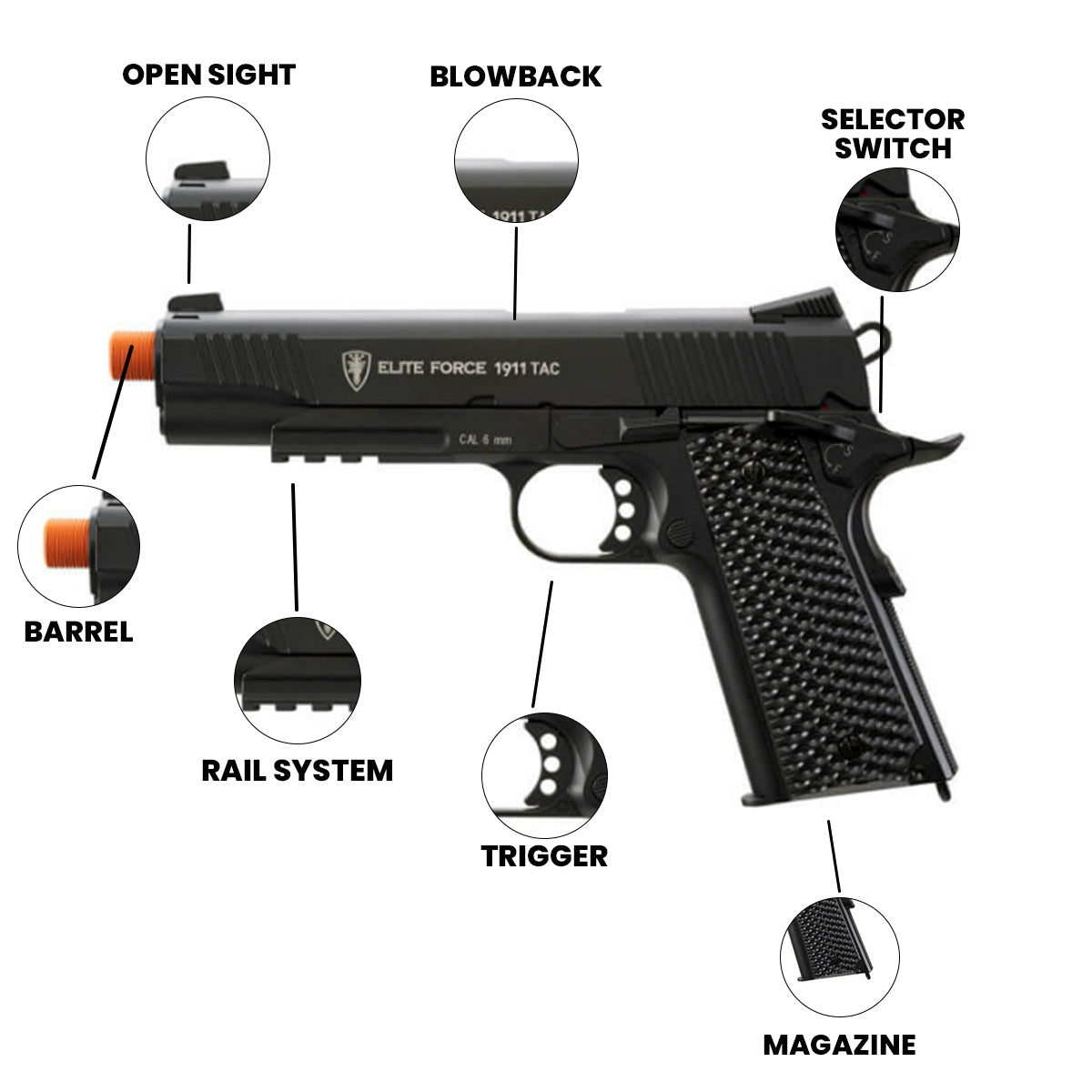 Airsoft CO2 Pistol Black Elite Force 1911 TAC CO2 Airsoft Pistol - 15 Rounds