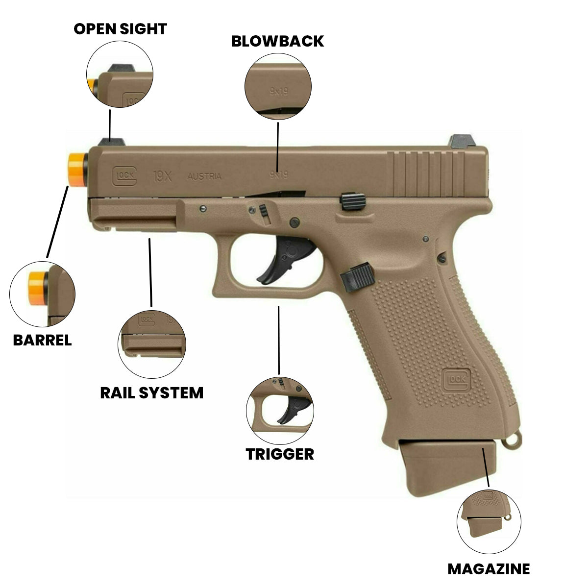 Airsoft GBB Pistol GLOCK G19X GBB Airsoft Pistol - 6mm, 23 Rounds, Coyote Tan