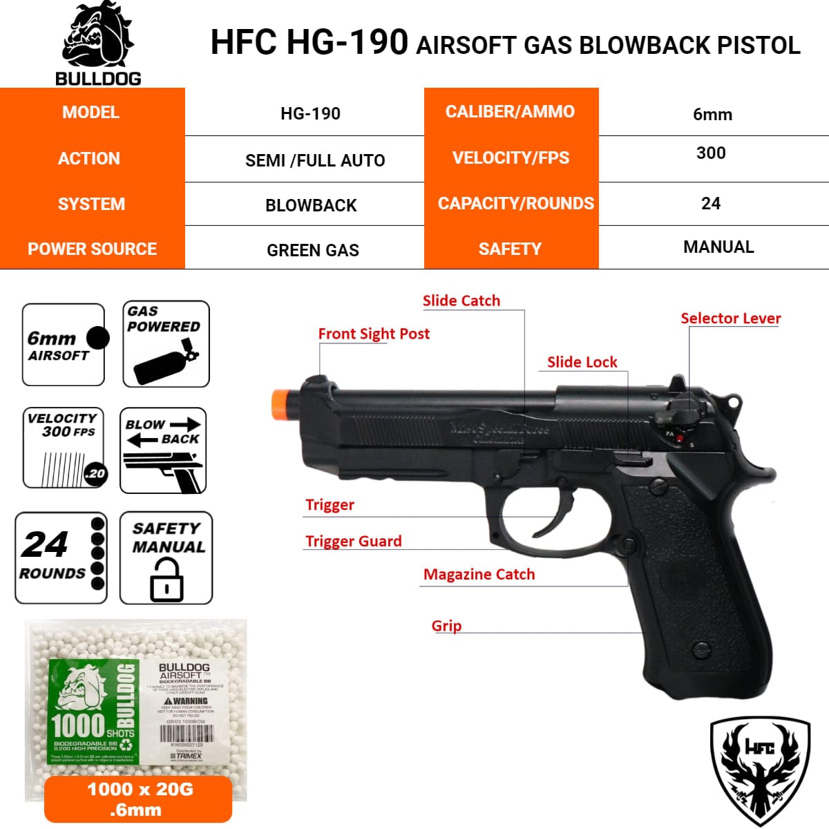 Airsportinggoods HFC HFC HG-190 AIRSOFT GAS BLOWBACK PISTOL