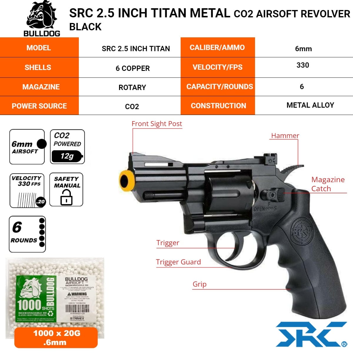 Airsportinggoods SRC SRC 2.5 INCH TITAN METAL CO2 AIRSOFT REVOLVER BLACK