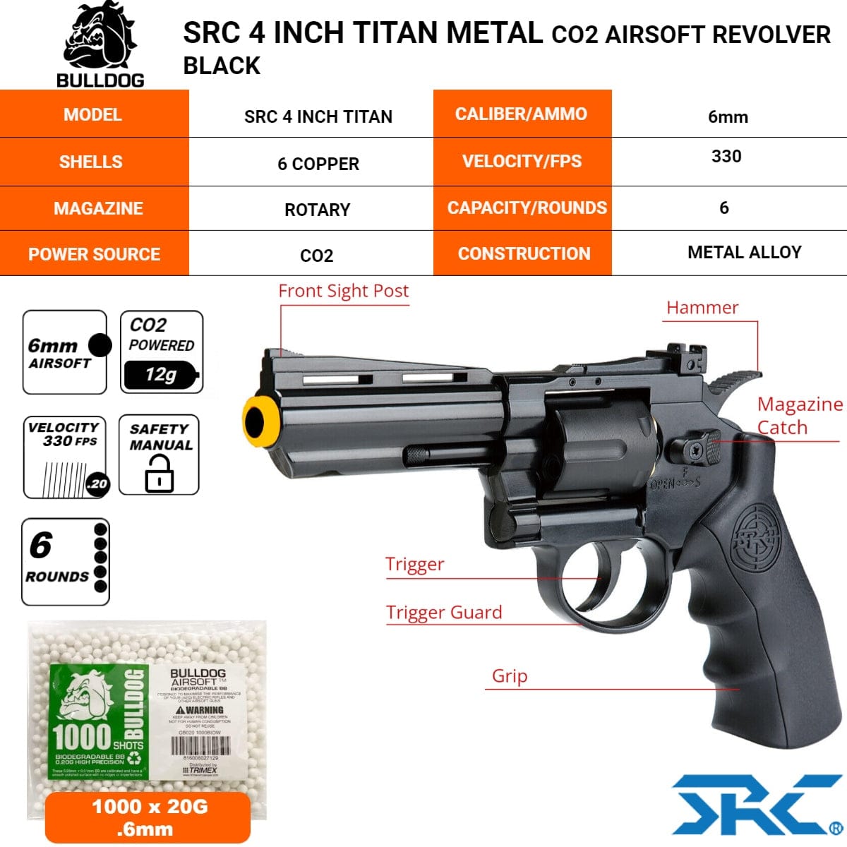Airsportinggoods SRC SRC 4 INCH TITAN METAL CO2 AIRSOFT REVOLVER BLACK