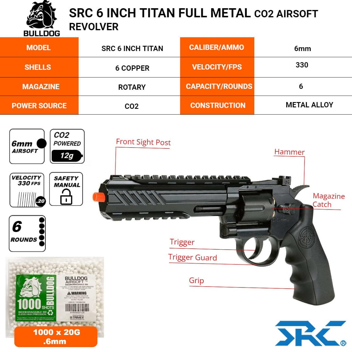 Airsportinggoods SRC SRC 6 INCH TITAN FULL METAL CO2 AIRSOFT REVOLVER