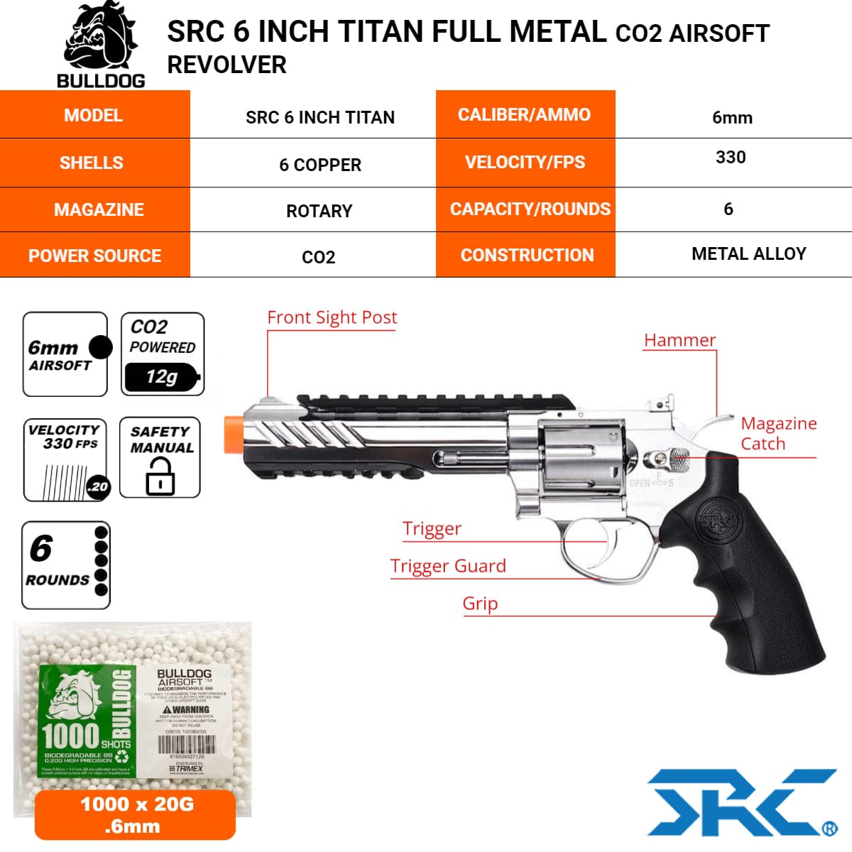 Airsportinggoods SRC SRC 6 INCH TITAN FULL METAL CO2 AIRSOFT REVOLVER SILVER