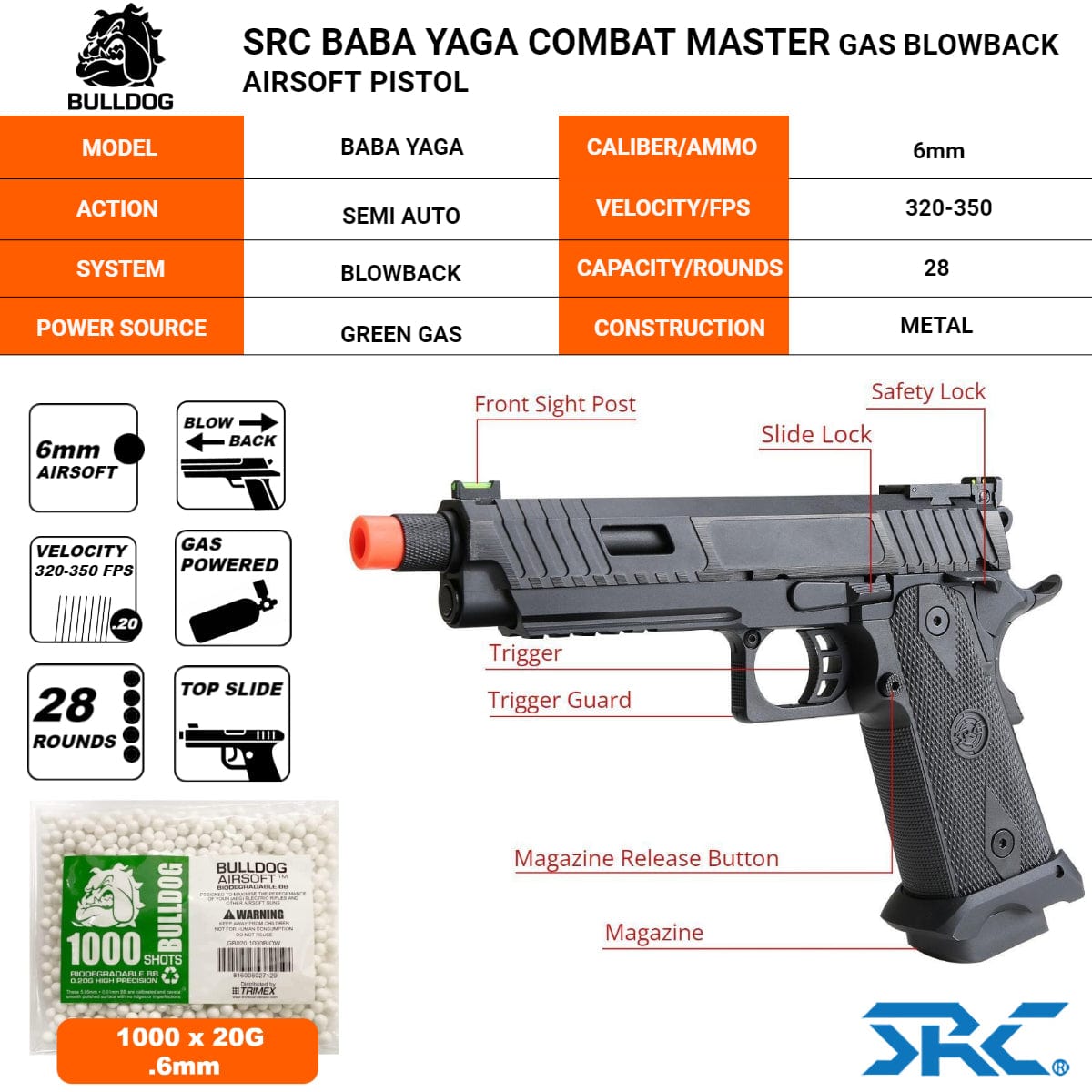 Airsportinggoods SRC SRC BABA YAGA COMBAT MASTER HI-CAPA GAS BLOWBACK PISTOL X2