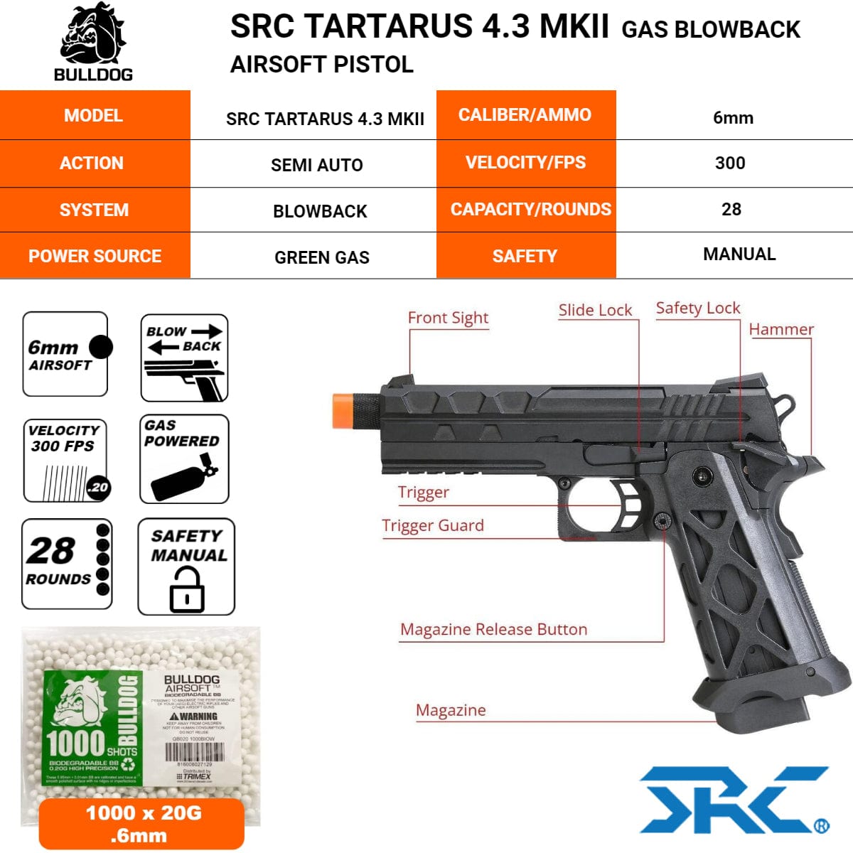 Airsportinggoods SRC SRC TARTARUS 4.3 MKII HI-CAPA GAS AIRSOFT PISTOL