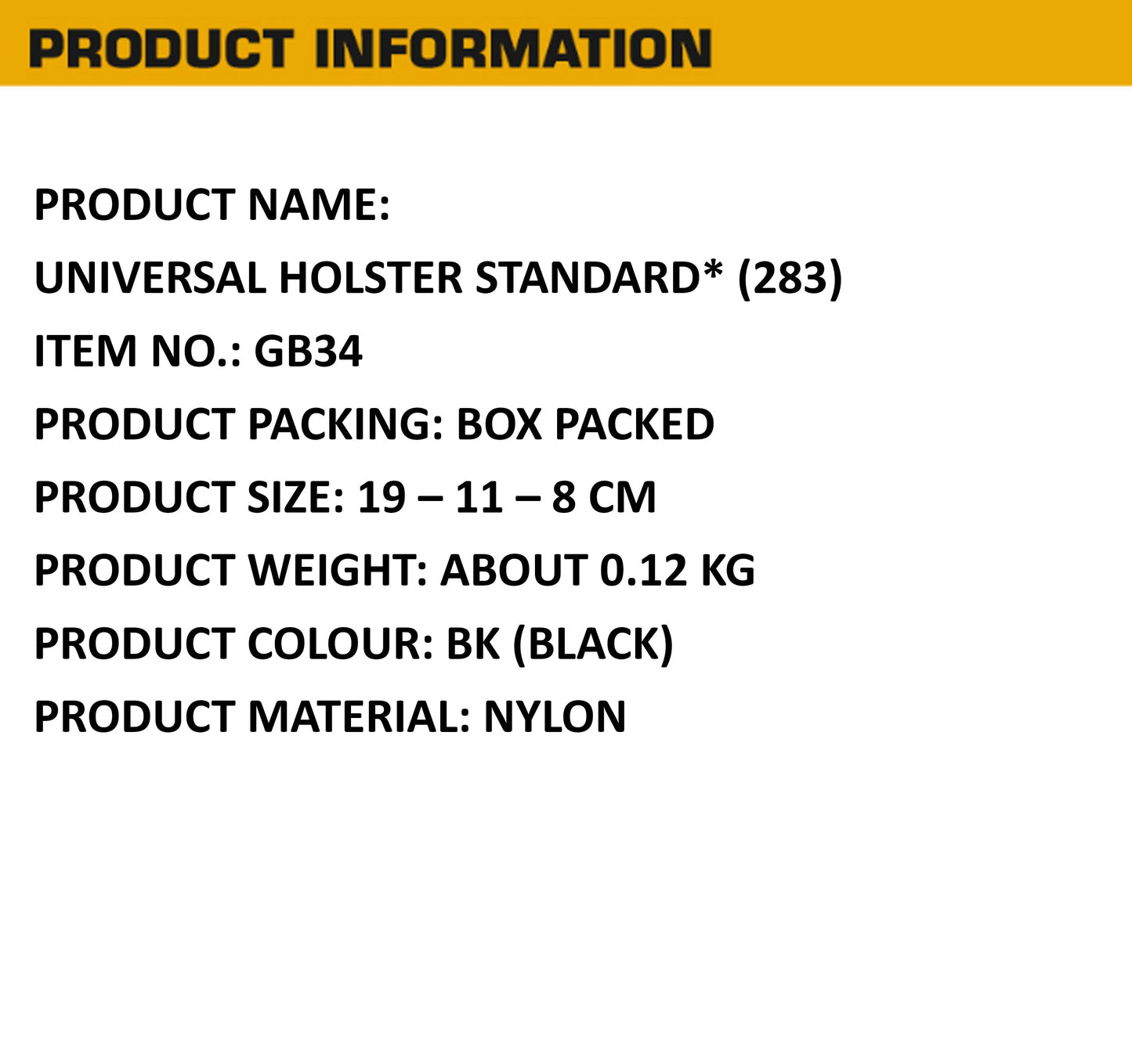 WOSPORT UNIVERSAL HOLSTER 34 STANDARD 283 RIGHT HAND BLACK