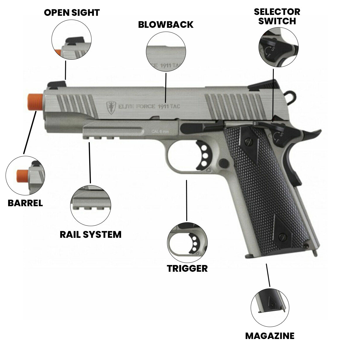Airsoft CO2 Pistol Elite Force 1911 TAC CO2 Airsoft Pistol - Stainless Finish