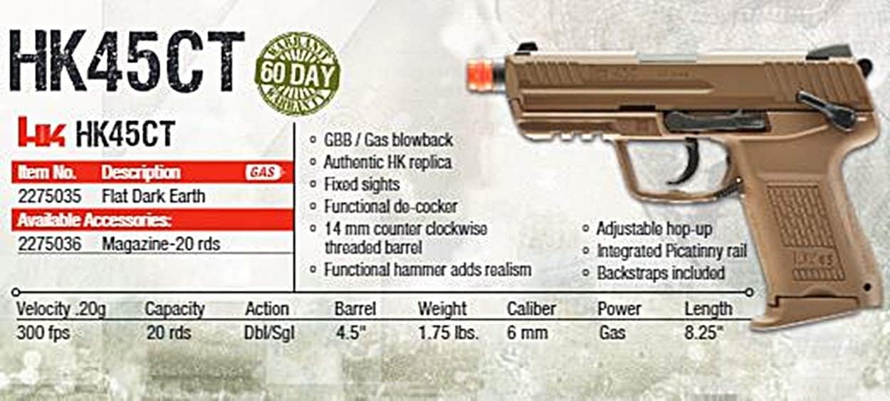 HK Heckler & Koch Elite Force HK Heckler & Koch HK45 GBB 6mm BB Pistol Airsoft Gun - FDE, Compact