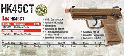 HK Heckler & Koch Elite Force HK Heckler & Koch HK45 GBB 6mm BB Pistol Airsoft Gun - FDE, Compact