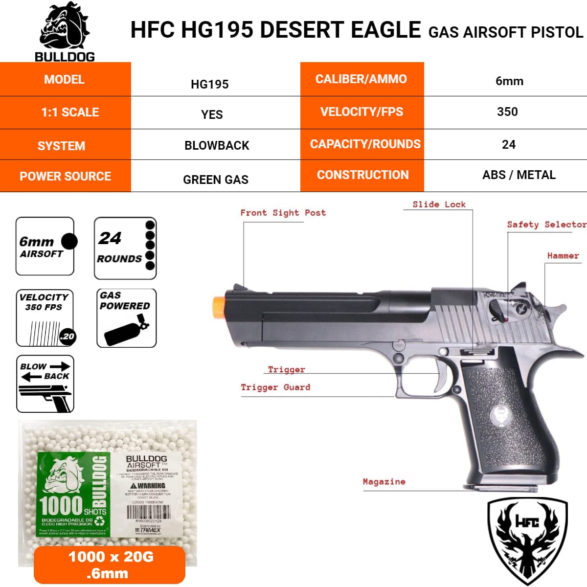 Airsportinggoods HFC Black HFC HG195 DESERT EAGLE GAS POWERED BLOWBACK AIRSOFT PISTOL