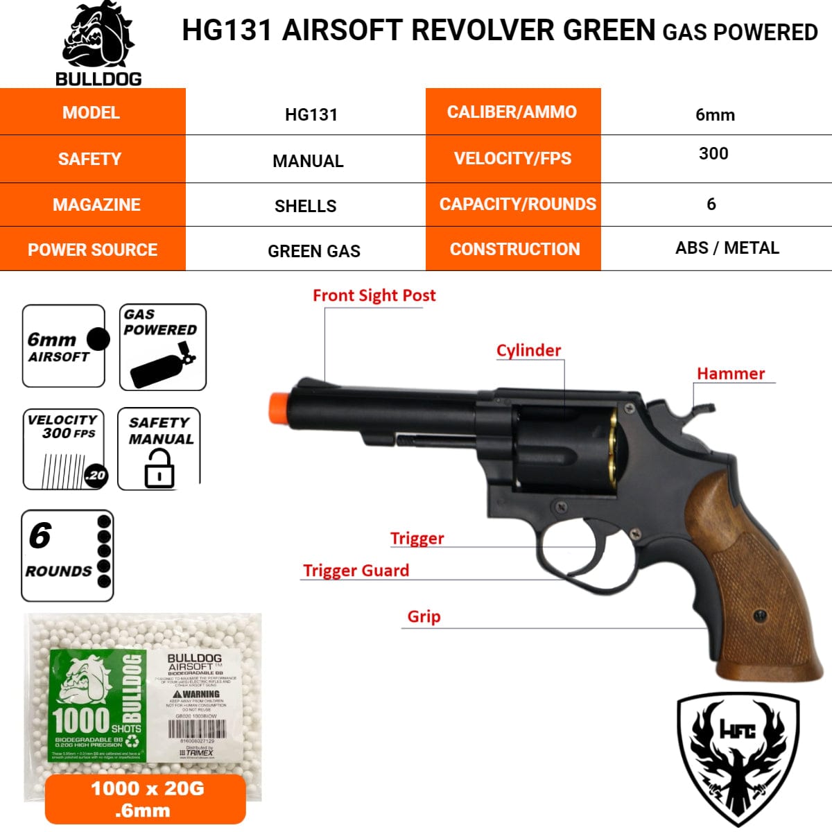 Airsportinggoods HFC HG131 AIRSOFT REVOLVER GREEN GAS POWERED BLACK