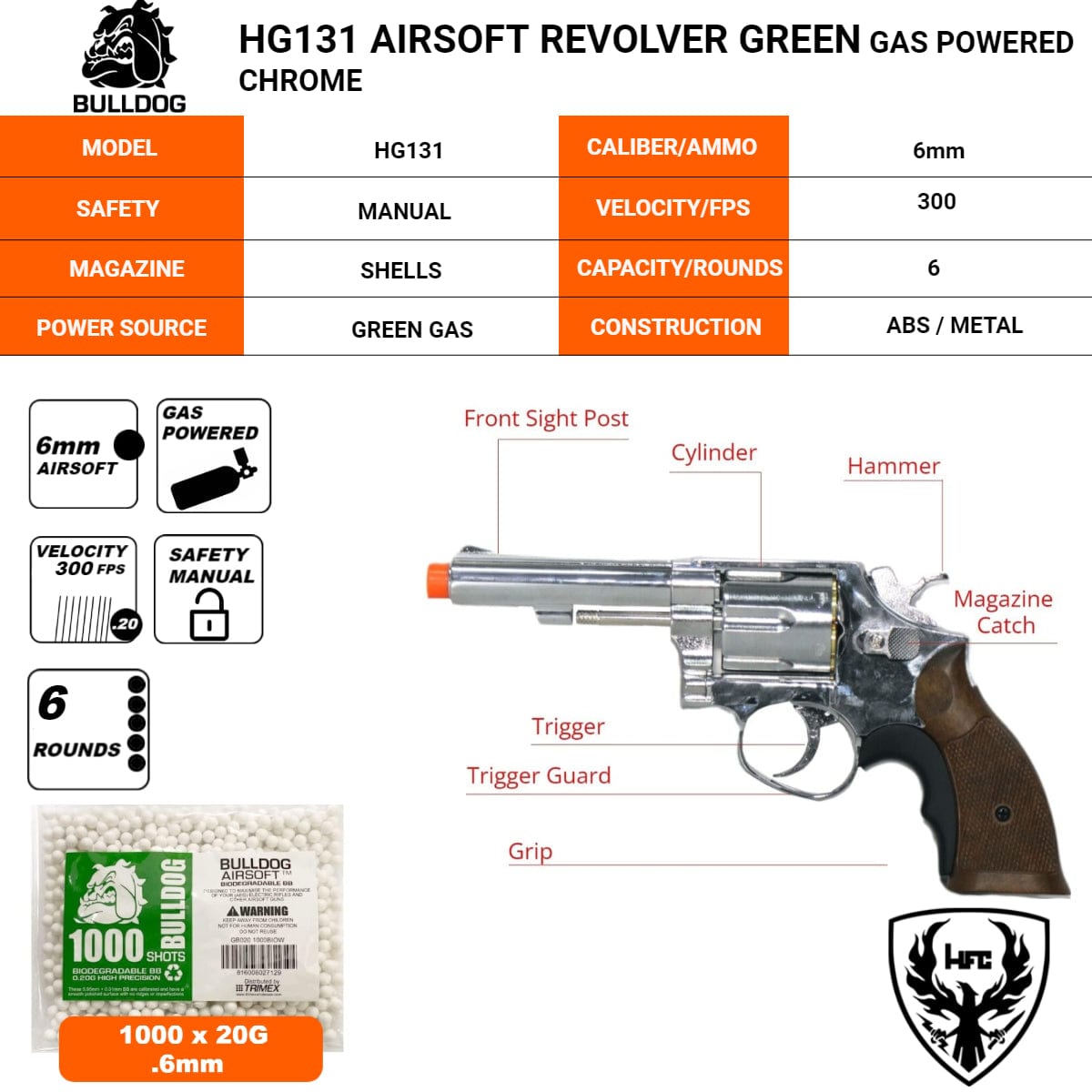 Airsportinggoods HFC HG131 AIRSOFT REVOLVER GREEN GAS POWERED CHROME