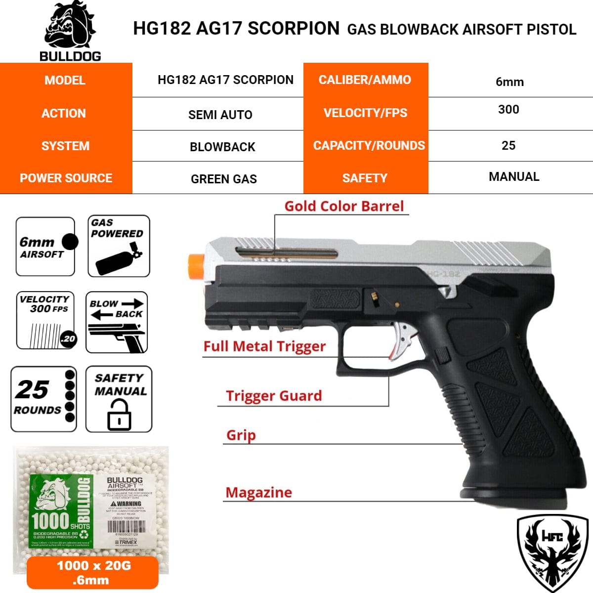 Airsportinggoods HFC HG182 AG17 SCORPION GAS AIRSOFT PISTOL SILVER
