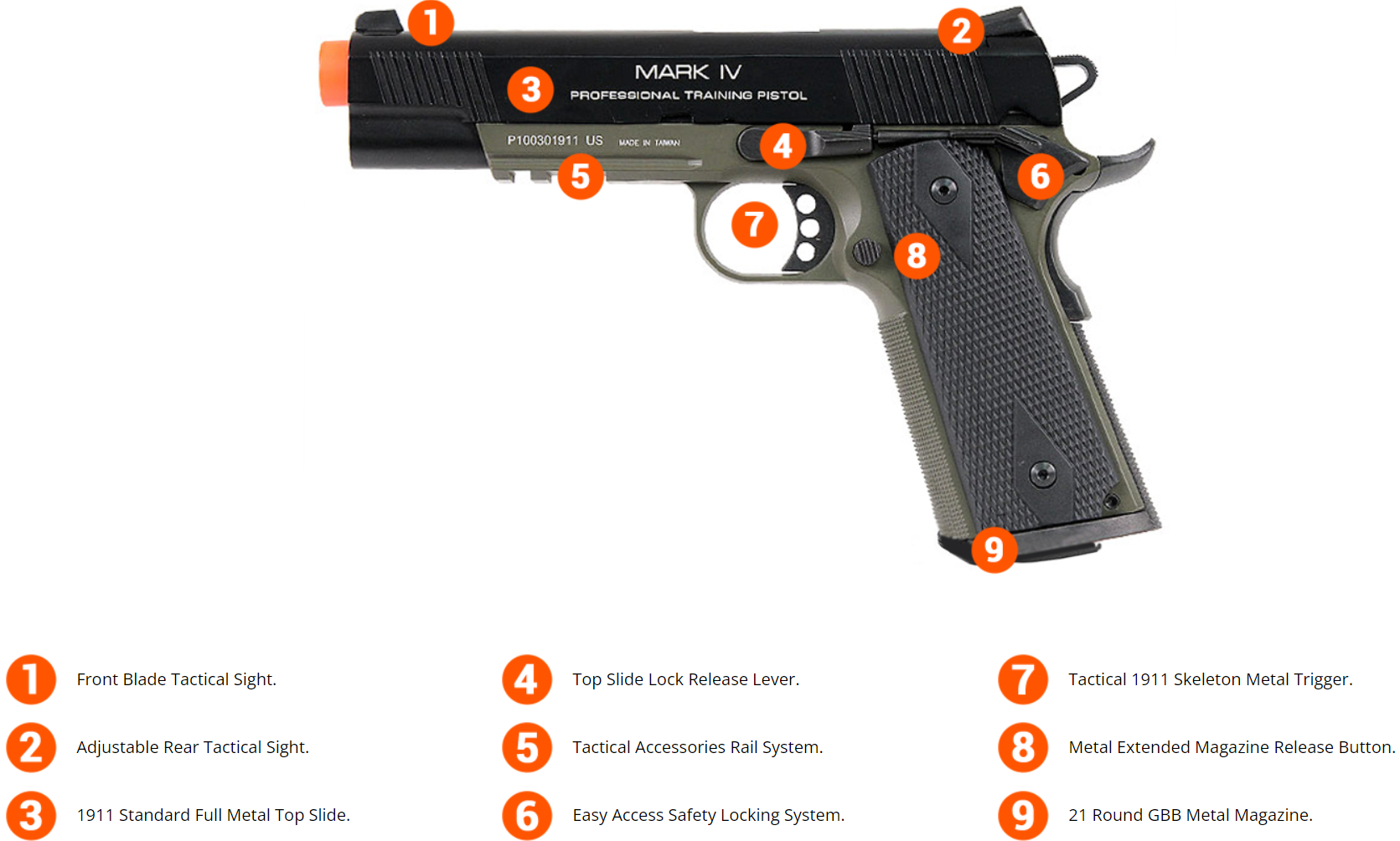 KWA KWA 1911 MK IV PTP Airsoft Gun - Full Metal, OD Green, 21 Rounds, 330 FPS
