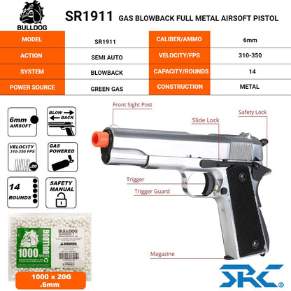 Airsportinggoods SRC SR1911 GAS BLOWBACK FULL METAL SILVER AIRSOFT PISTOL