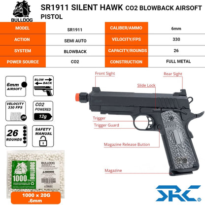 Airsportinggoods SRC SR1911 SILENT HAWK CO2 BLOWBACK AIRSOFT PISTOL WITH CASE