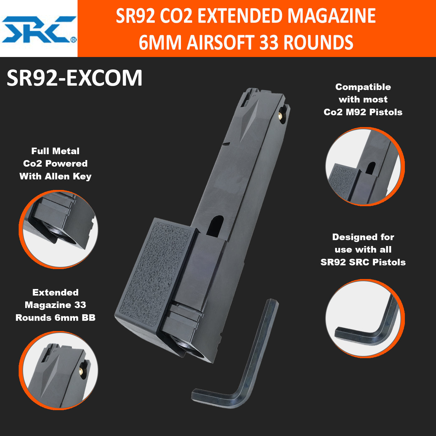 SRC SR92 Co2 Extended Magazine 6mm Airsoft 33 Rounds
