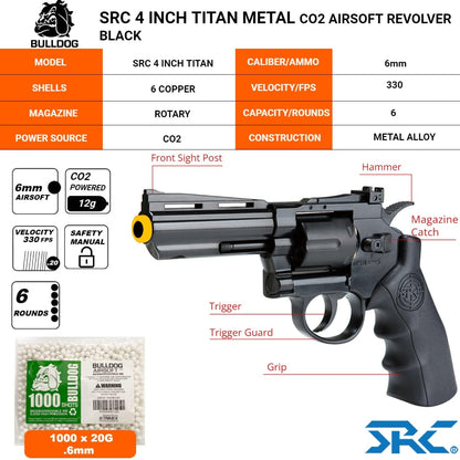 Airsportinggoods SRC SRC 4 INCH TITAN METAL CO2 AIRSOFT REVOLVER BLACK