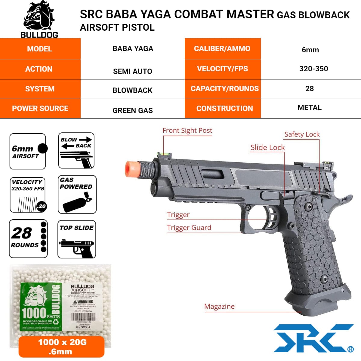 Airsportinggoods SRC SRC BABA YAGA COMBAT MASTER HI-CAPA GAS BLOWBACK PISTOL