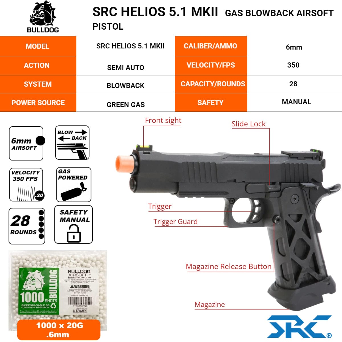 Airsportinggoods SRC SRC HELIOS 5.1 MKII HI-CAPA GAS AIRSOFT PISTOL