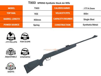 SALIX, TRIMEX ARMS Trimex TX03 .177 Cal Spring-Powered Air Rifle 850 FPS Black 200 Pellets.