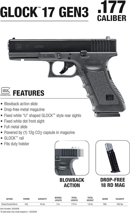 GLOCK, UMAREX USA Umarex GLOCK 17 Blowback .177 Caliber CO2-Powered BB Gun Air Pistol - 18 Rounds, Gen3, Metal Frame